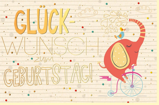 Geburtstagskarte mit fröhlichem Elefant auf Fahrrad - Buntes Tiermotiv aus Zuckerrohrpapier, Beige & Rot, für Kinder und Erwachsene