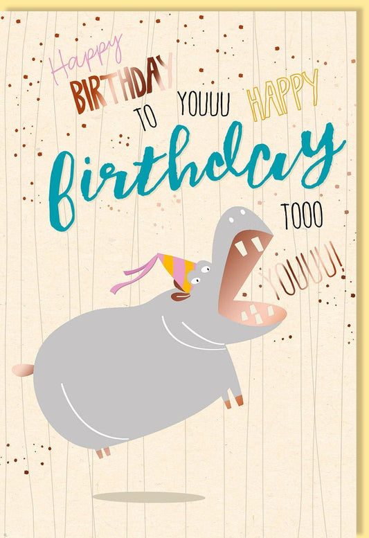 Geburtstagskarte mit fröhlichem Nilpferd – Bunte Karte aus Zuckerrohrpapier für Kinder & Erwachsene – Tierisches Partyvergnügen