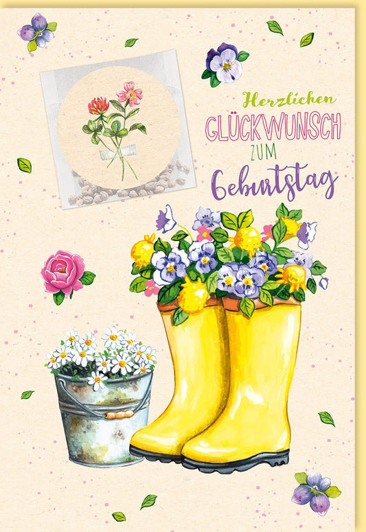 Geburtstagskarte mit Gelben Gummistiefeln und Blumenstrauß in Rosa und Lila, Herzlichen Glückwunsch
