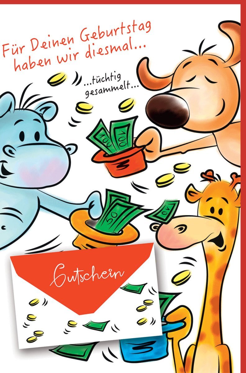 Geburtstagskarte mit Geldfach – Lustige Comic - Tiere: Giraffe, Nilpferd & Hund, Humorvolle Karte für Bargeld oder Gutschein als originelles Geschenk