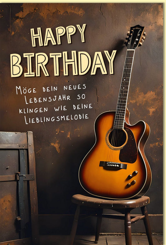 Geburtstagskarte mit Gitarre und Musikmotiv für Musiker Vintage - Design mit Spruch Happy Birthday Glückwunschkarte Geburtstag