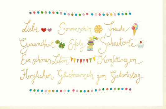 Geburtstagskarte mit handgeschriebener Schrift bunte Symbole Herzen Torte Eis Girlande Glückwünsche fröhliche Doppelkarte Geburtstag