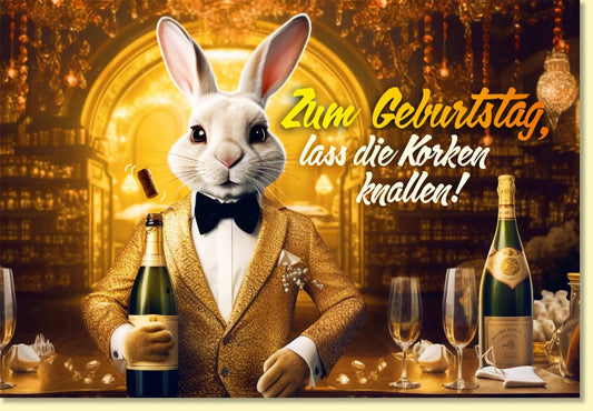 Geburtstagskarte mit Hase im goldenen Anzug Champagner Flaschen Sektgläser edles Design lustige Glückwunschkarte zum Geburtstag
