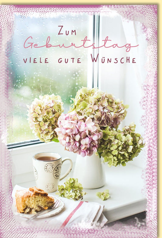 Geburtstagskarte mit Hortensien und Kaffee am Fenster liebevolle Glückwunschkarte Geburtstag viele gute Wünsche stilvoll