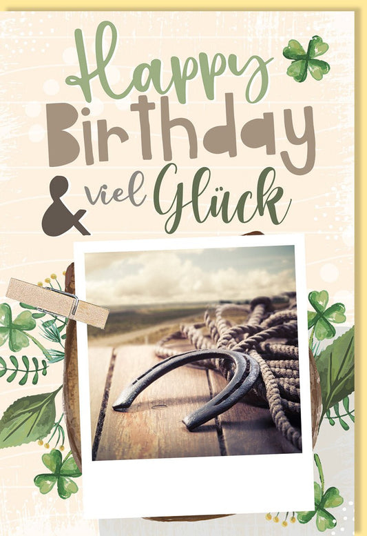 Geburtstagskarte mit Hufeisen & Kleeblättern: Naturkarton, Magnetverschluss, Unisex Glückwunschkarte im natürlichen Design