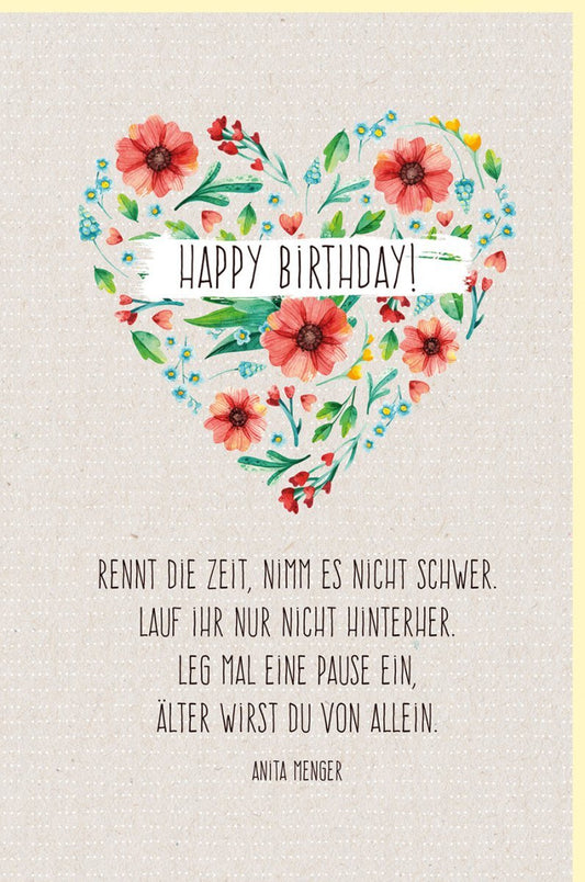 Geburtstagskarte mit Humor - Blumen & Herz Design, Rot Grün Weiß, Handgeschriebener Text für Erwachsene Frauen, Freude & Gratulation
