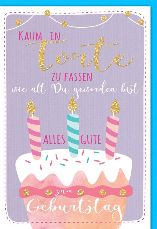 Geburtstagskarte mit Humor: Bunte Karte mit Torte, Kerzen & witzigem Spruch für die Feier