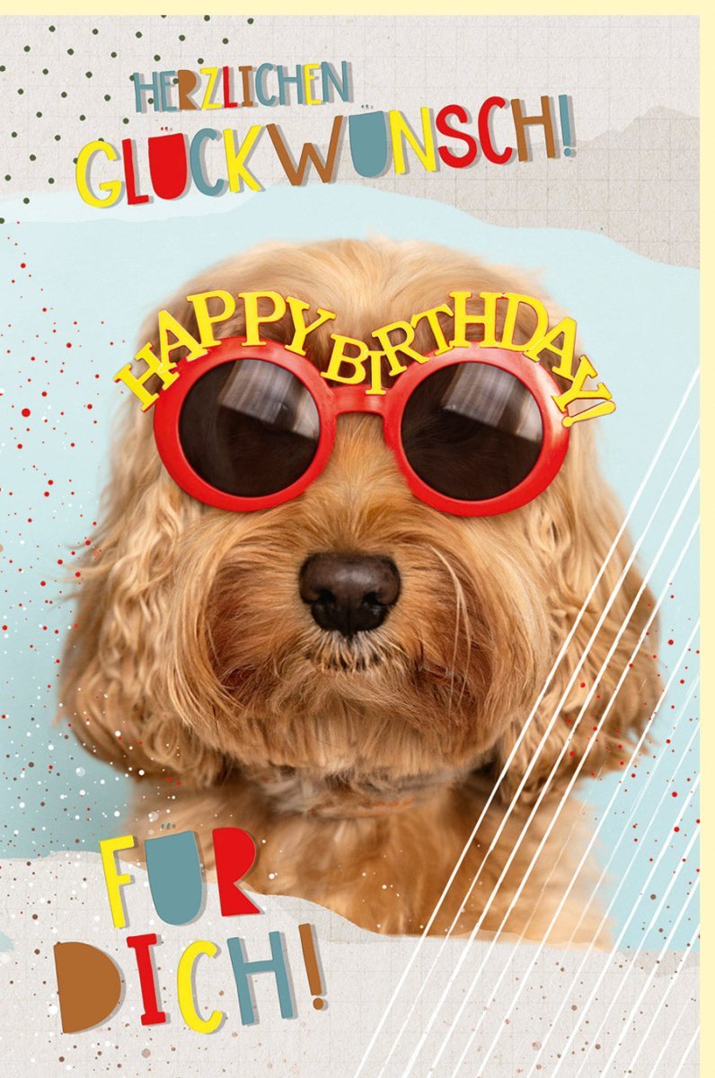 Geburtstagskarte mit Hund: Humorvolle Karte mit Brille tragendem Hund für Tierfreunde, Herzliche Wünsche auf beigem Hintergrund für Jung und Alt