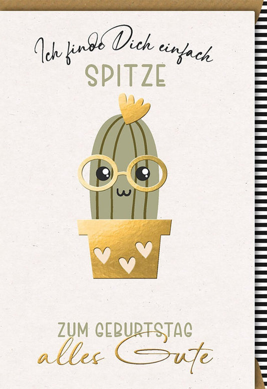 Geburtstagskarte mit Kaktus - Illustration - Humorvolle Pflanze mit Herz & Brille, Goldakzente, Verlag Galerie Dominique