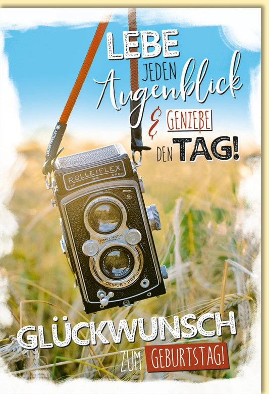 Geburtstagskarte mit Kamera Motiv und Spruch Lebe jeden Augenblick Genieße den Tag Glückwunschkarte Geburtstag für Fotofans