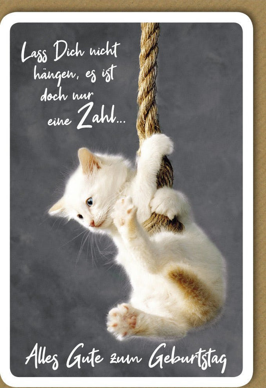 Geburtstagskarte mit Kätzchen - Humorvolle Karte mit Seil - Motto für lustige Glückwünsche