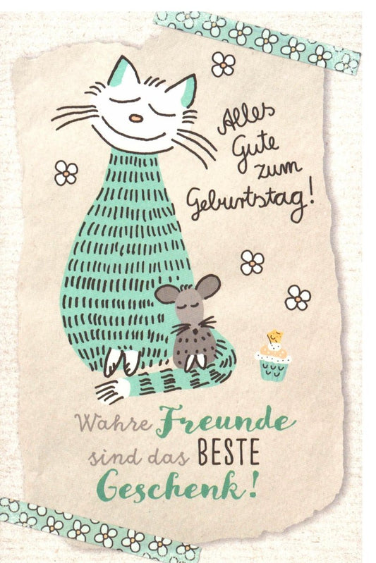 Geburtstagskarte mit Katze & Maus - Handgezeichnete Glückwünsche, Freundschafts - Geschenk Illustration