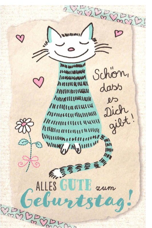 Geburtstagskarte mit Katze und Herzchen liebevoll illustriert Alles Gute zum Geburtstag Doppelkarte für Katzenliebhaber
