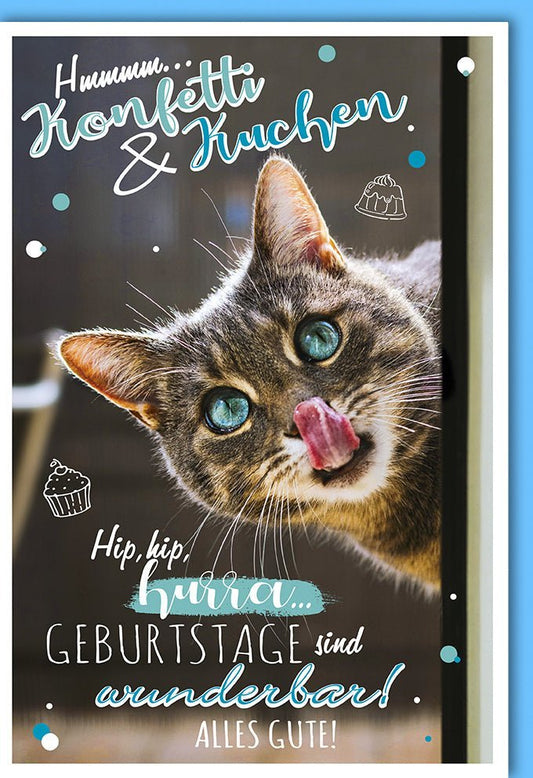 Geburtstagskarte mit Katzenmotiv - Konfetti & Kuchen Design, Hip Hip Hurra für eine fröhliche Feier, Perfekte "Alles Gute" Glückwunschkarte