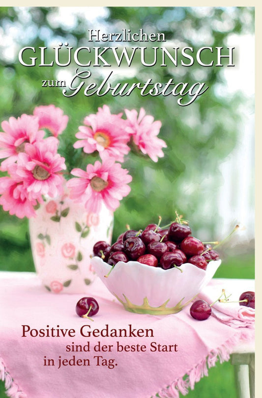 Geburtstagskarte mit Kirschdesign: Sommerliche Grüße, Rosa Blumen & Früchte für einen festlichen Geburtstag