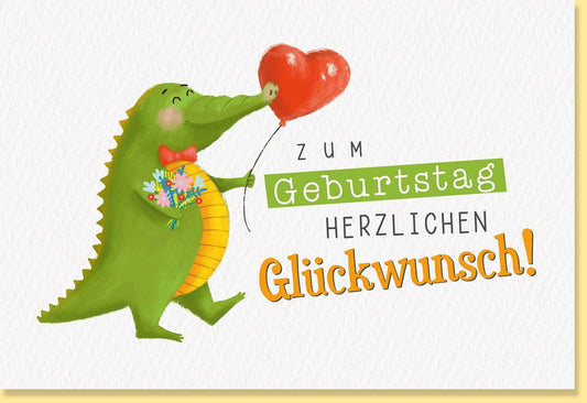 Geburtstagskarte mit Krokodil, Blumen & Herz - Luftballon – Naturkarton für Kinder & Erwachsene, Grün – Herzliche Glückwünsche