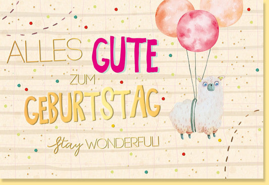 Geburtstagskarte mit Lama und Luftballons Alles Gute zum Geburtstag farbenfrohe Grußkarte für Kinder und Erwachsene liebevoll illustriert