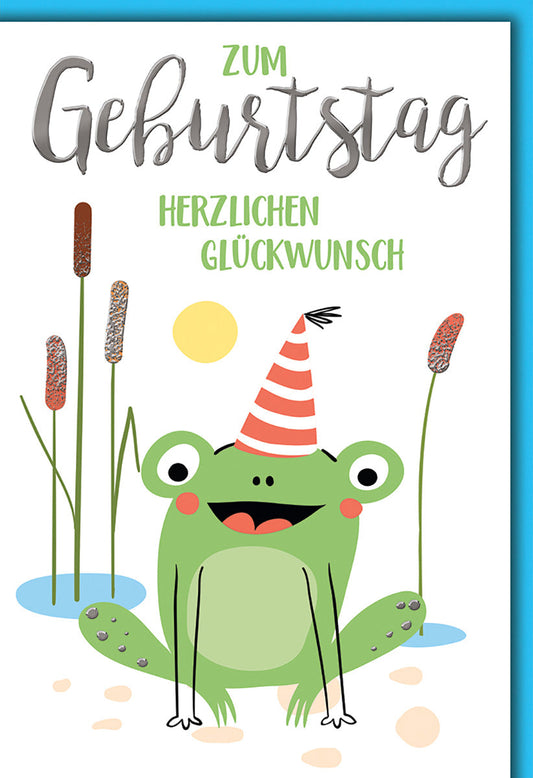 Geburtstagskarte Kinder – Fröhlicher Frosch mit Partyhut am Teich in Pastellfarben