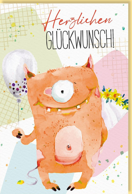 Geburtstagskarte mit lustigem Monster, Luftballons & Blumen – farbenfrohes Design für Kinder & Erwachsene