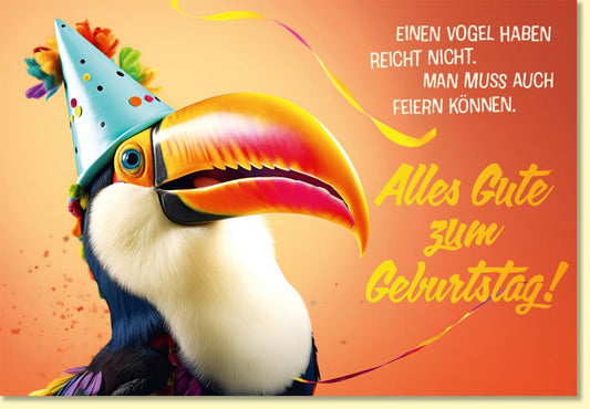 Geburtstagskarte mit lustigem Vogel im Partyhut farbenfrohe Doppelkarte mit Spruch Alles Gute zum Geburtstag fröhliche Glückwunschkarte