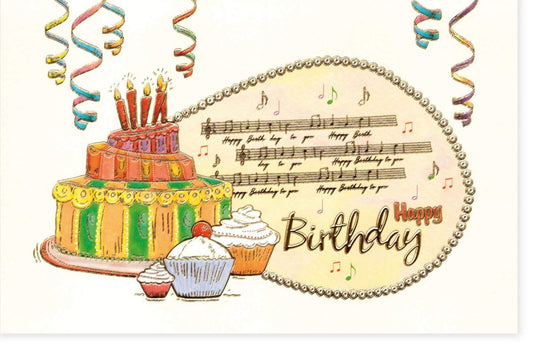 Geburtstagskarte mit Musiknoten & Torte - Fröhliche Karte mit Cupcake, Konfetti und Party Kerzen für einen besonderen Tag