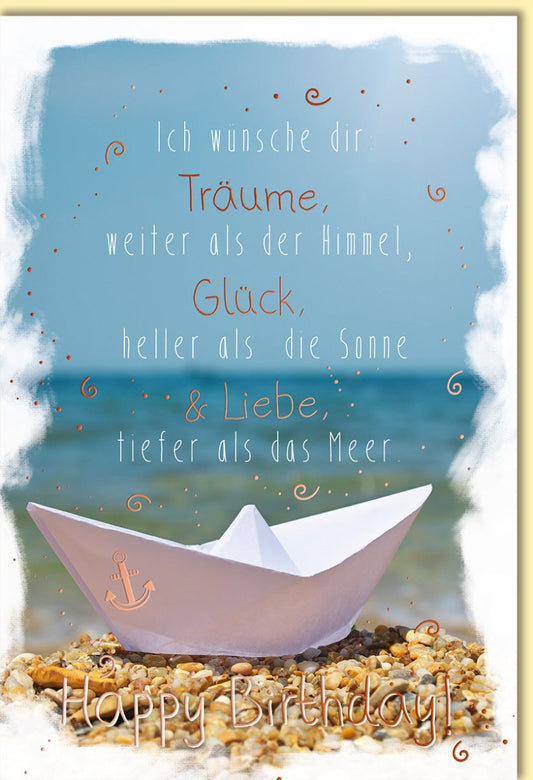 Geburtstagskarte mit Papierboot am Strand und Spruch Träume Glück Liebe Meer maritim Happy Birthday Doppelkarte
