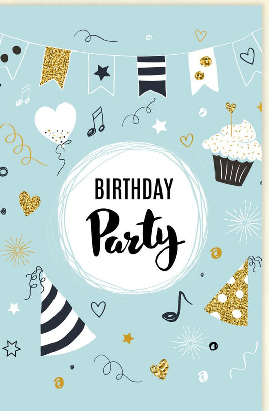Geburtstagskarte mit Partyhüten & Glimmer – Musikalische Motive, Ballons & Konfetti