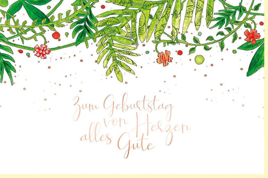 Geburtstagskarte mit Pflanzenillustrationen, Handlettering in Grün und Rot, Naturdesign für besondere Geburtstagsgrüße