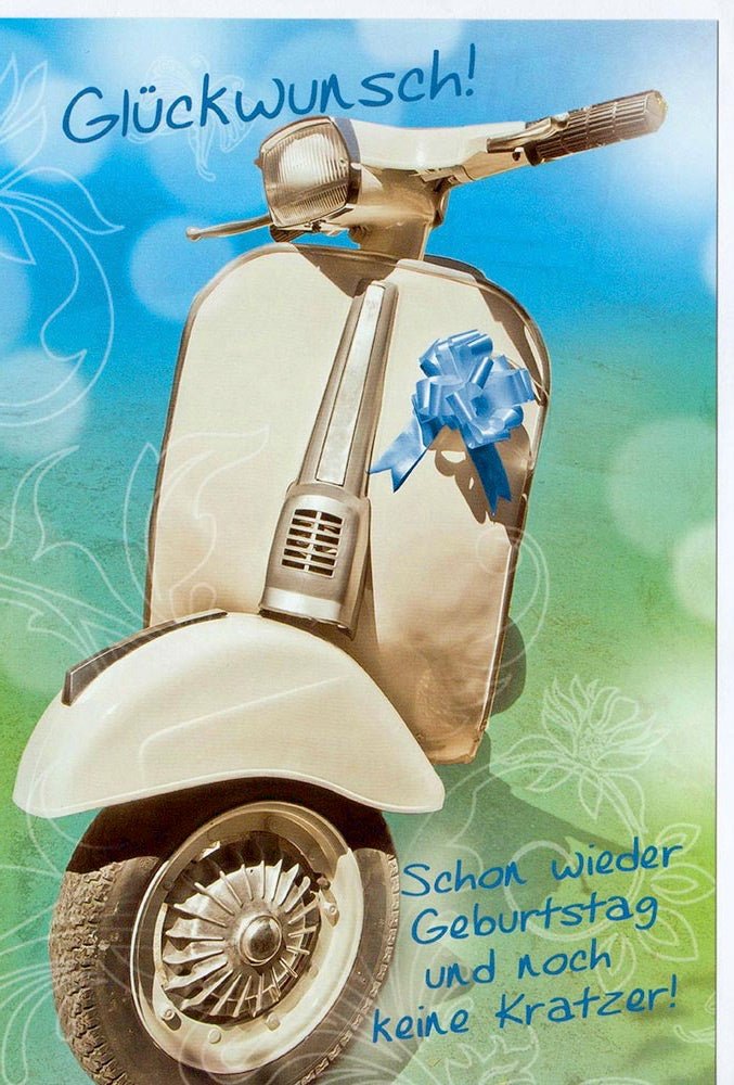Geburtstagskarte mit Roller - Motiv und Schleife Glückwunschkarte zum Geburtstag für Männer lustige Doppelkarte Retro Design
