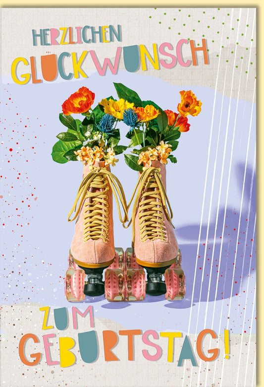 Geburtstagskarte mit Rollschuhen und Blumen Vintage Design bunte Glückwunschkarte zum Geburtstag originell fröhlich für Frauen Männer