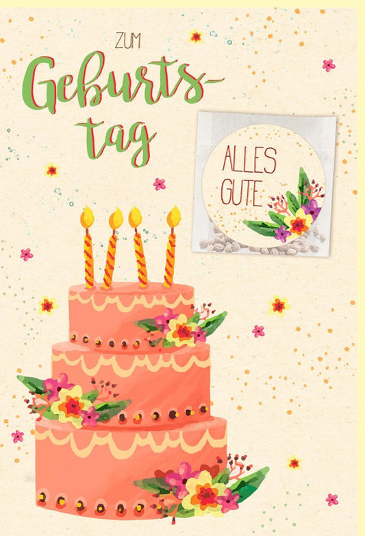 Geburtstagskarte mit Samen - Glückwunschkarte aus Zuckerrohrpapier, Bunte Torte & Kerzen, Geschenkidee für Freunde & Familie, Orange Blumen Design