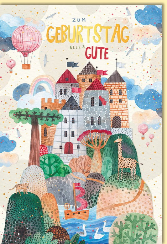 Geburtstagskarte mit Schloss und Tieren bunte Glückwunschkarte für Kinder liebevolle Doppelkarte zum Geburtstag Ballons Regenbogen