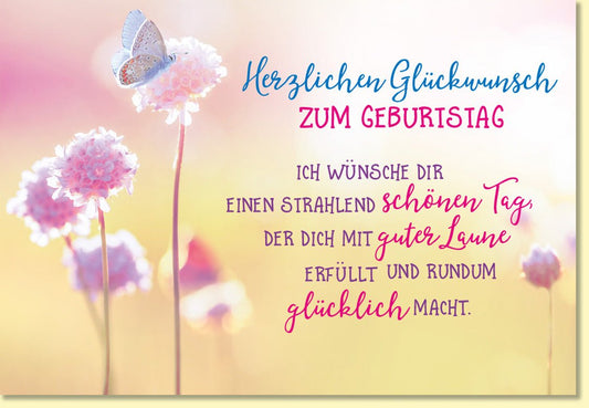 Geburtstagskarte mit Schmetterling und Blumenwiese Herzlich Glückwunsch zum Geburtstag fröhlich bunt für gute Laune
