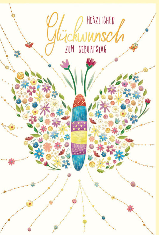 Geburtstagskarte mit Schmetterlings - und Blumenmotiv - Elegante Glückwünsche auf Naturkarton mit Goldfolie und Blindprägung in Pastellfarben