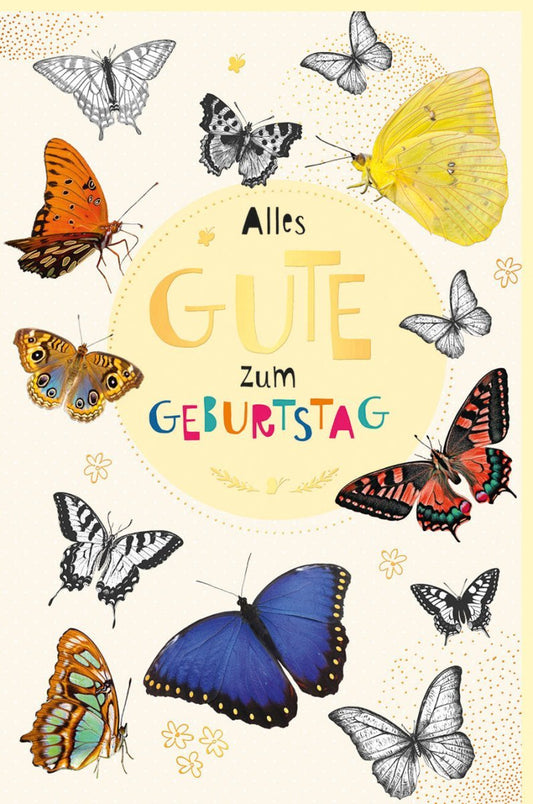 Geburtstagskarte mit Schmetterlingsmotiv - Elegante Glückwunschkarte auf Naturkarton mit Goldakzenten in Gelb für Erwachsene und Kinder