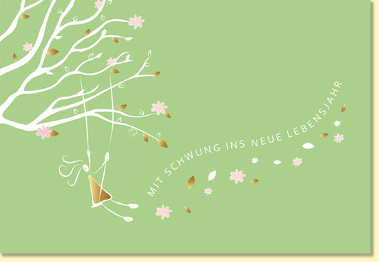 Geburtstagskarte mit Schwung ins neue Lebensjahr Baum Schaukel rosa Blüten edle Doppelkarte für Glückwünsche Geburtstag