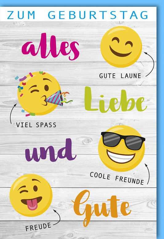 Geburtstagskarte mit Smiley - Emoji - Motiven für gute Laune und bunte Freude