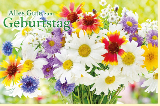 Geburtstagskarte mit Sommerblumen - Farbenfroher Strauß aus Margeriten, Kornblumen & Gänseblümchen in Gelb, Weiß & Lila für liebevolle Grüße