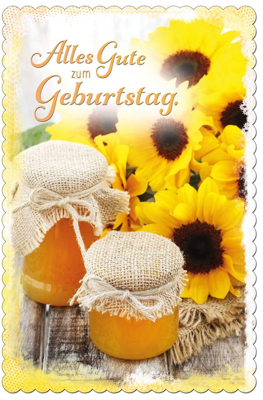 Geburtstagskarte mit Sonnenblumen und Marmeladengläsern liebevoll gestaltet Karte zum Geburtstag für herzliche Glückwünsche