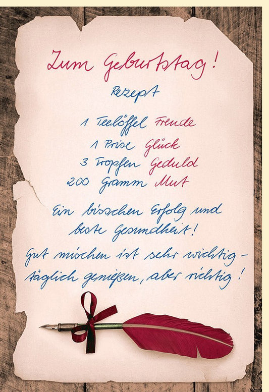 Geburtstagskarte mit Spruch & Glücksrezept - Vintage Design, Holzhintergrund, Texturiertes Papier, Handgeschriebene Wünsche, Feder - Motiv