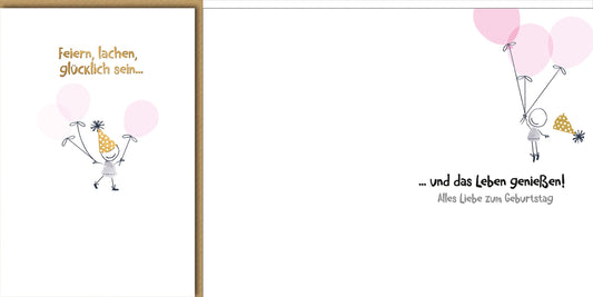 Geburtstagskarte Kinder – Mädchen mit Luftballons und Partyhut in fröhlichem Design