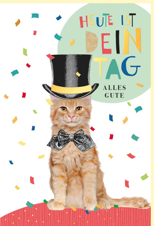 Geburtstagskarte mit stilvoller Katze im Zylinder, Naturkarton & Goldakzenten – Festliche Karte mit Torte und Konfetti