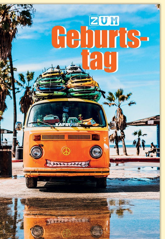 Geburtstagskarte mit Surfbus, Palmen und Strandmotiv für Grüße zur Taufe