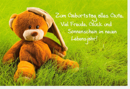 Geburtstagskarte mit Teddy & Sonnenschein - Grüne Illustration für Glückwünsche und festliche Grüße