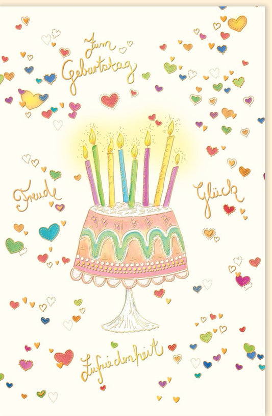Geburtstagskarte mit Torte, Kerzen & Herzen – Bunte Karte für Freude und Glück beim Feiern