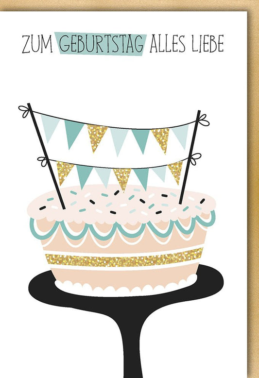 Geburtstagskarte mit Torten - und Wimpelmotiv - Herzliche Glückwünsche in Pastell für Jung und Alt - Charmante Partyillustration