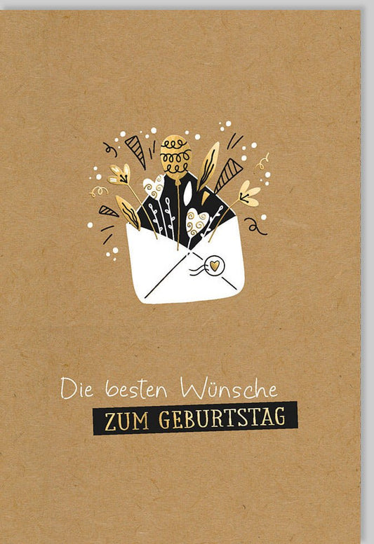 Geburtstagskarte mit Umschlag und Blumenstrauß Die besten Wünsche zum Geburtstag stilvolle Glückwunschkarte Kraftpapier Design