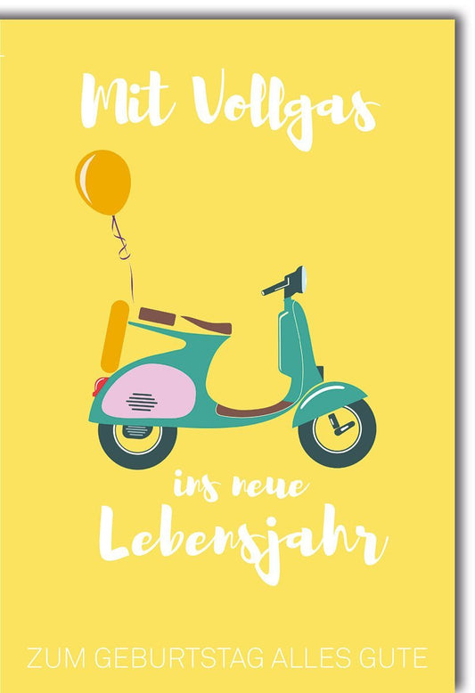Geburtstagskarte: Mit Vollgas ins neue Jahr - Vespa Roller & Ballons, Gelber Hintergrund, Alles Gute zum Geburtstag