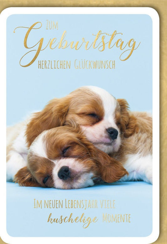 Geburtstagskarte mit Welpen: "Herzliche Grüße" - Süße Tiere, Schlafende Hunde, Niedlicher Text