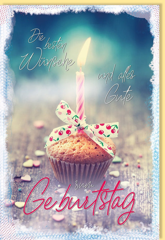 Geburtstagskarte Muffin - Motiv – Bunte Glückwünsche mit Kerze & Schleife für Erwachsene & Kinder, Rosa & Blau – Party - Feier Geschenkidee